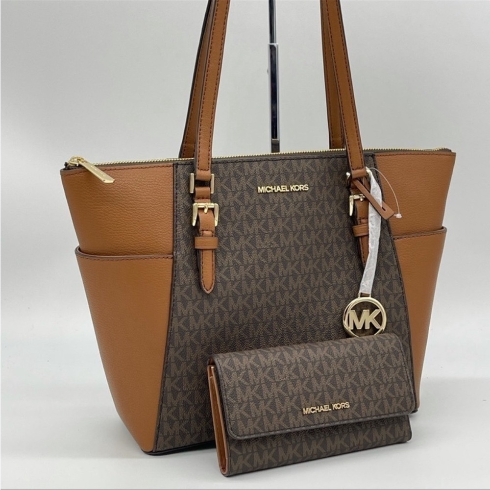 Michael Kors Large Charlotte Tote Bag & Trifold Wallet Leather Brown - Picture 5 of 12